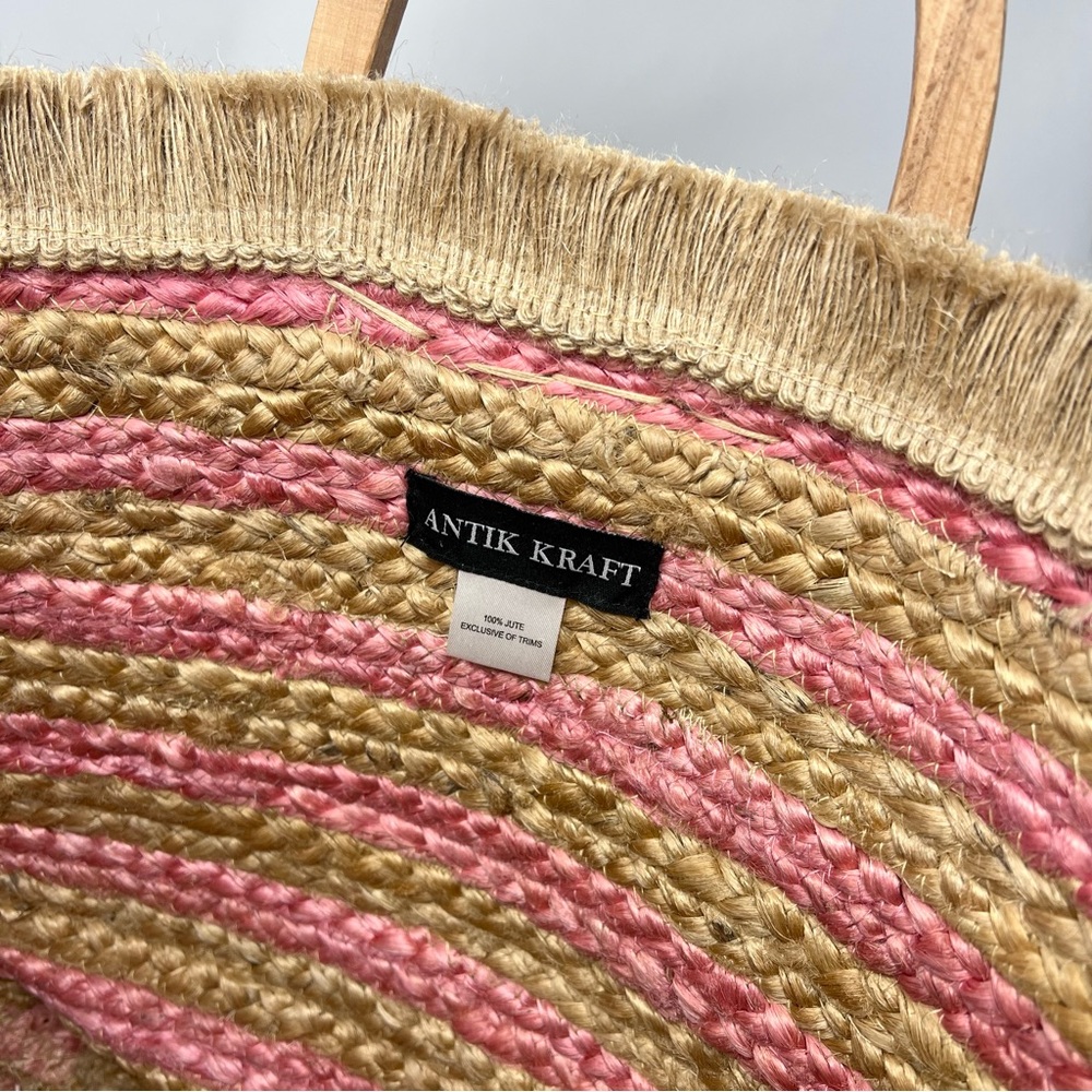 NWT Antik Kraft Natural and Pink Striped Jute Tote with Wooden Handles - Picture 5 of 10